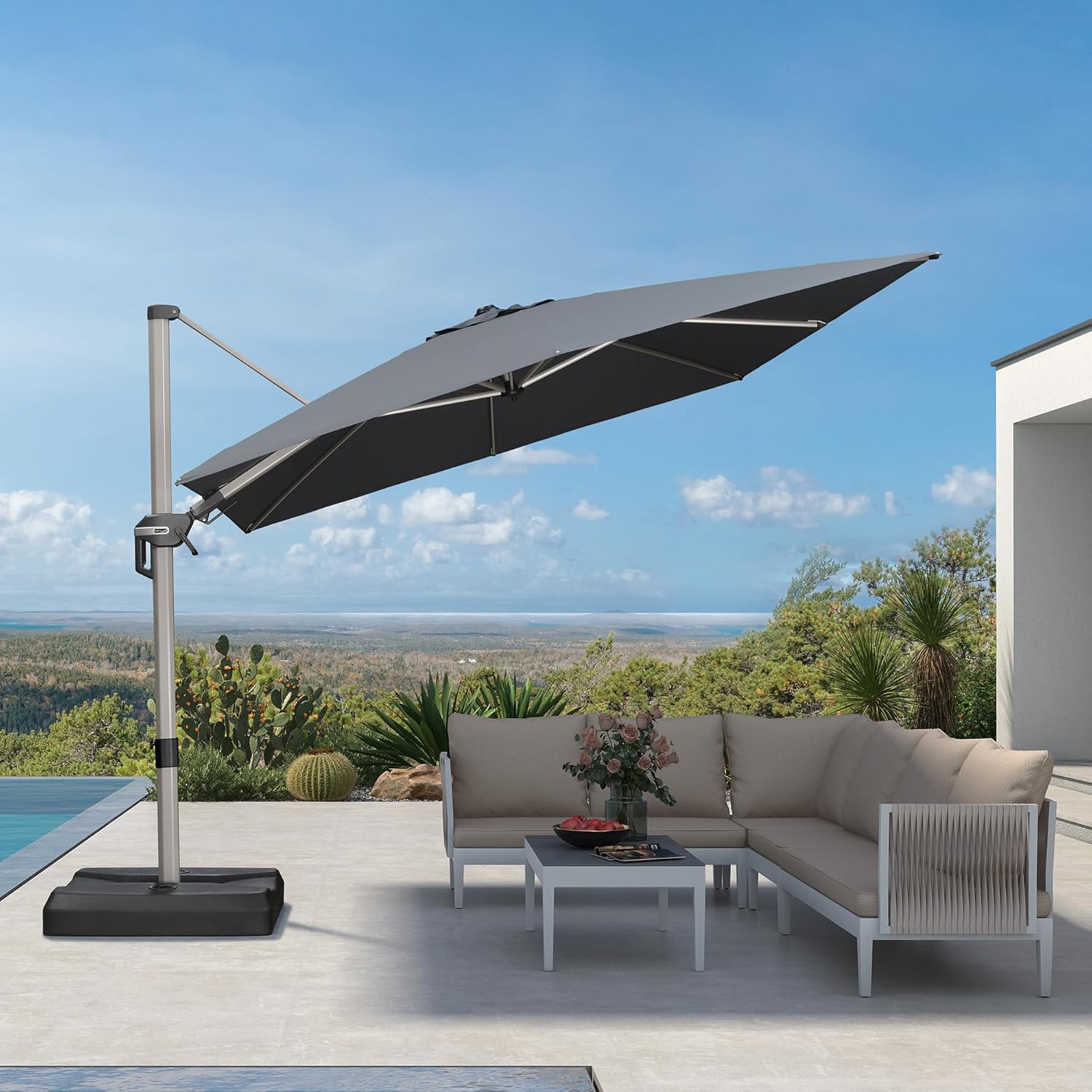 Parasol Rectangulaire Inclinable 2,7 x 3,65 m, Aluminium Champagne, Grand Parasol De Jardin Extérieur, Inclinaison Bilatérale et Rotation à 360°, Toile anti-UV, Pour Patio, Piscine, Gris Gris acier 2,7 x 3,65 m Inclinable