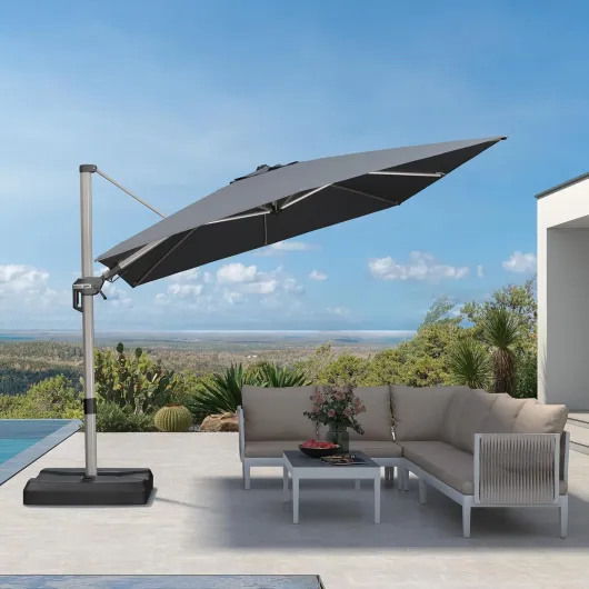 Parasol Rectangulaire Inclinable 2,7 x 3,65 m, Aluminium Champagne, Grand Parasol De Jardin Extérieur, Inclinaison Bilatérale et Rotation à 360°, Toile anti-UV, Pour Patio, Piscine, Gris Gris acier 2,7 x 3,65 m Inclinable