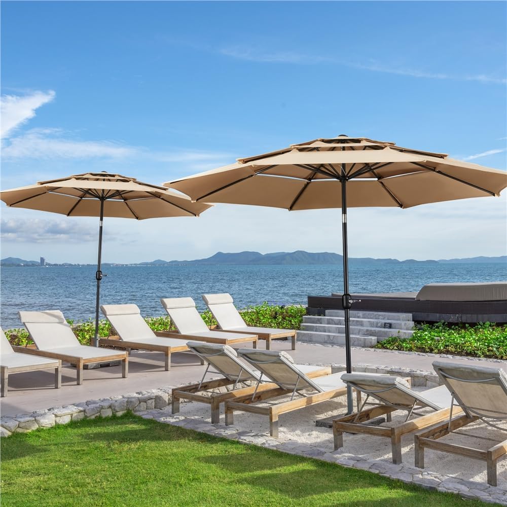 Parasol de Jardin Extérieur 324 cm 3 Niveaux 8 Baleines avec Bouton-poussoir Parasol Inclinable en Polyester avec Protection UV pour Terrasse Jardin Patio Plage Piscine Kaki