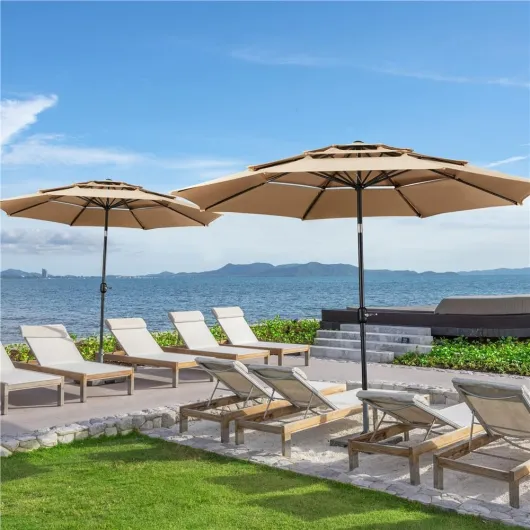Parasol de Jardin Extérieur 324 cm 3 Niveaux 8 Baleines avec Bouton-poussoir Parasol Inclinable en Polyester avec Protection UV pour Terrasse Jardin Patio Plage Piscine Kaki