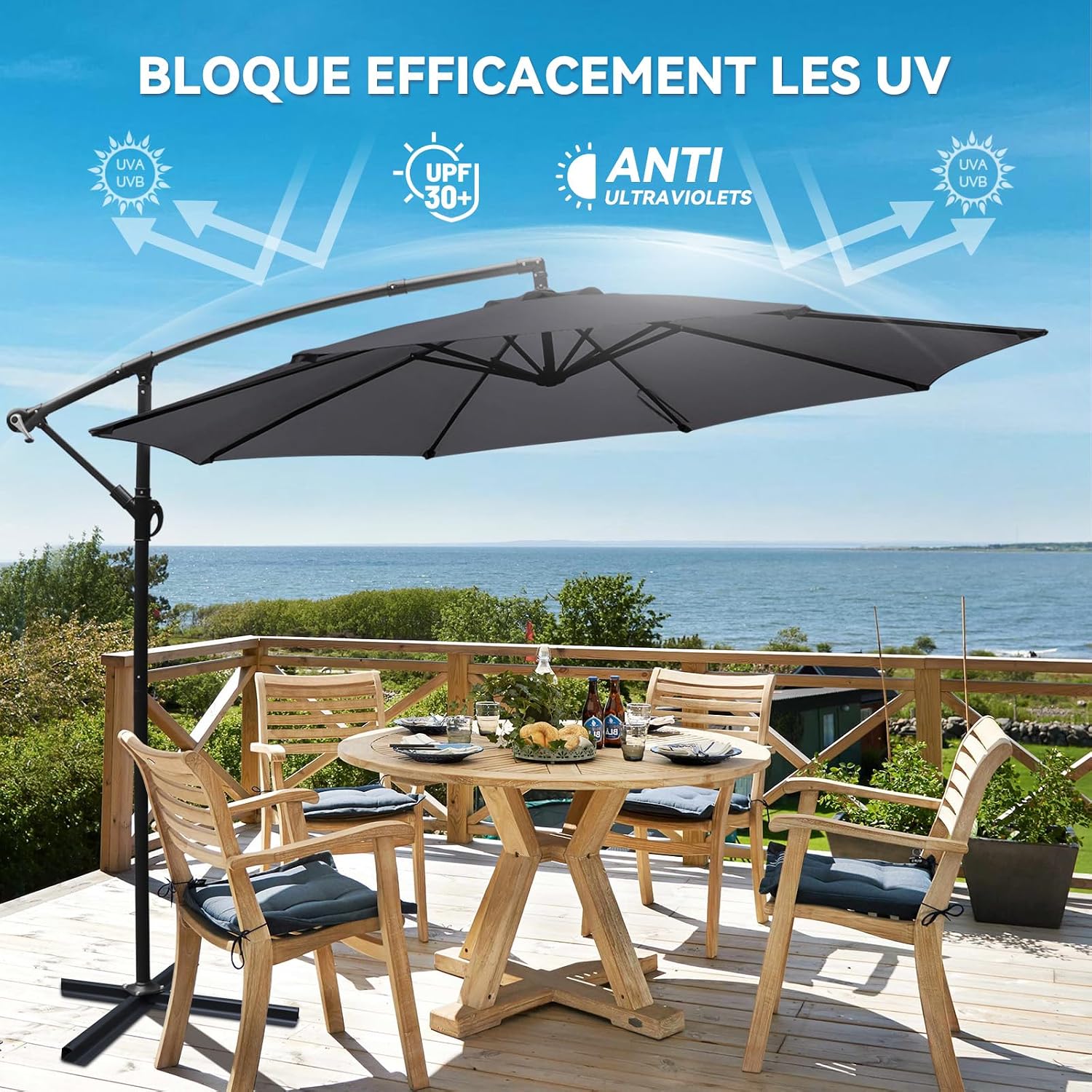 Parasol Déporté Inclinable 3x3M avec Manivelle, Pied Housse, Anti-UV UPF50+, Grand Parasol de Jardin Balcon Terrasse Patio, Inclinable, Imperméable, 8 Armatures Ultra-Résistantes Gris