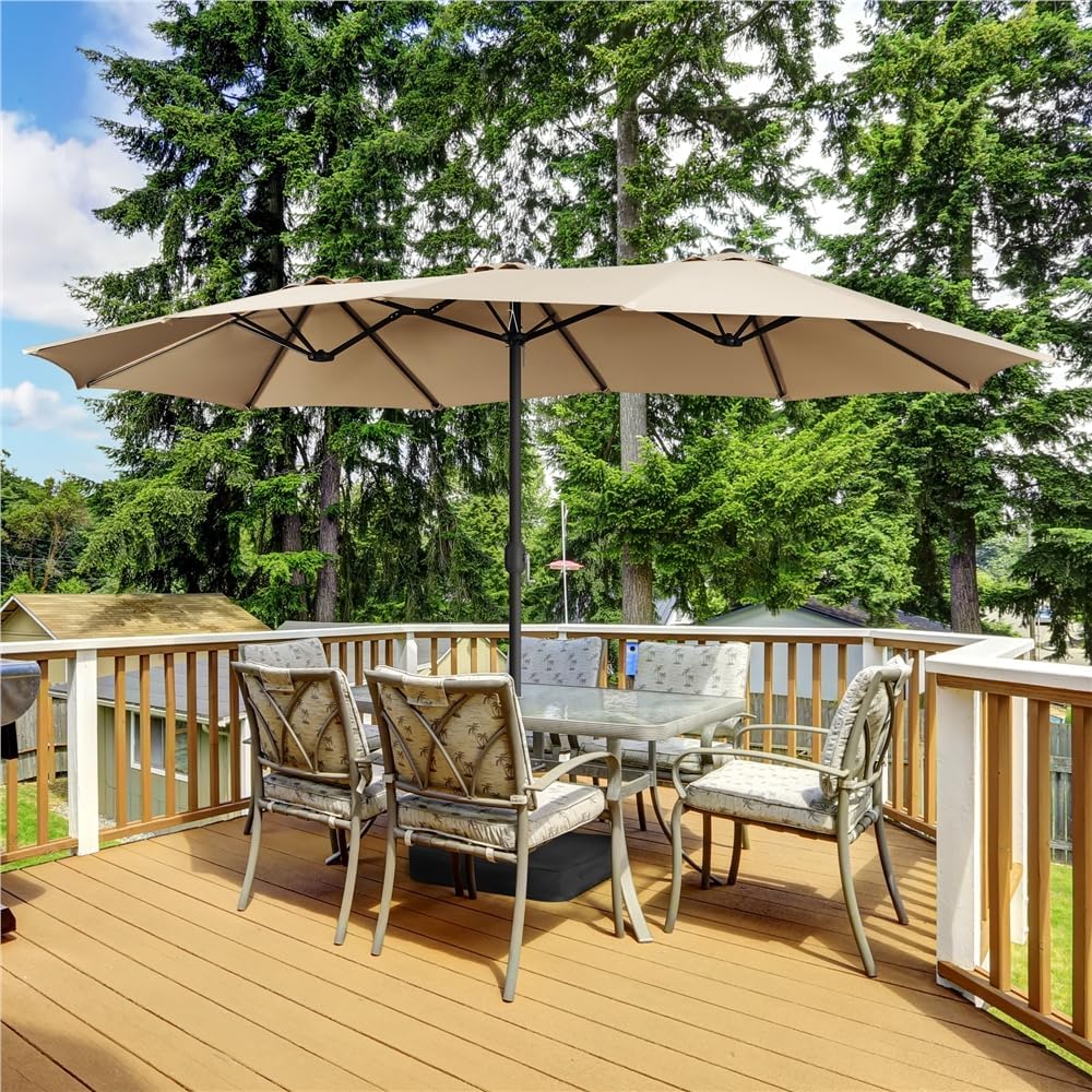 Parasol de Jardin Double Extérieur avec Base et Manivelle Sac de Rangement Parasol Triple Tête Terrasse Jardin Bord de la Mer Bistro Marron Clair 447x265x245 cm