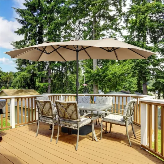 Parasol de Jardin Double Extérieur avec Base et Manivelle Sac de Rangement Parasol Triple Tête Terrasse Jardin Bord de la Mer Bistro Marron Clair 447x265x245 cm
