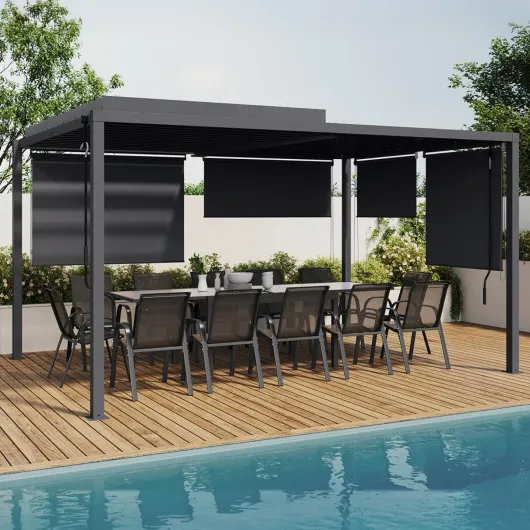 Pergola bioclimatique Lames orientables Acier 3x4 M et 4 Stores Gris Anthracite