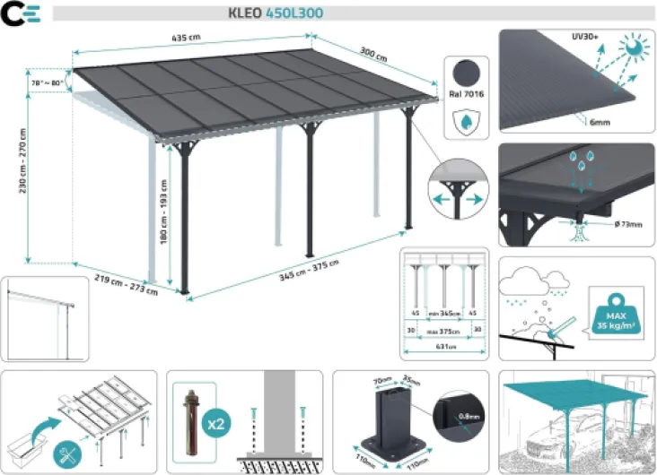 Carport Pergola Adossée Aluminium KLEO 435x300 cm 4,5x3 m 14 m² Gris Anthracite Design Moderne Protection Terrasse Véhicule Résistant Anti-UV Réglable Haute Qualité Toit Polycarbonate UV30+