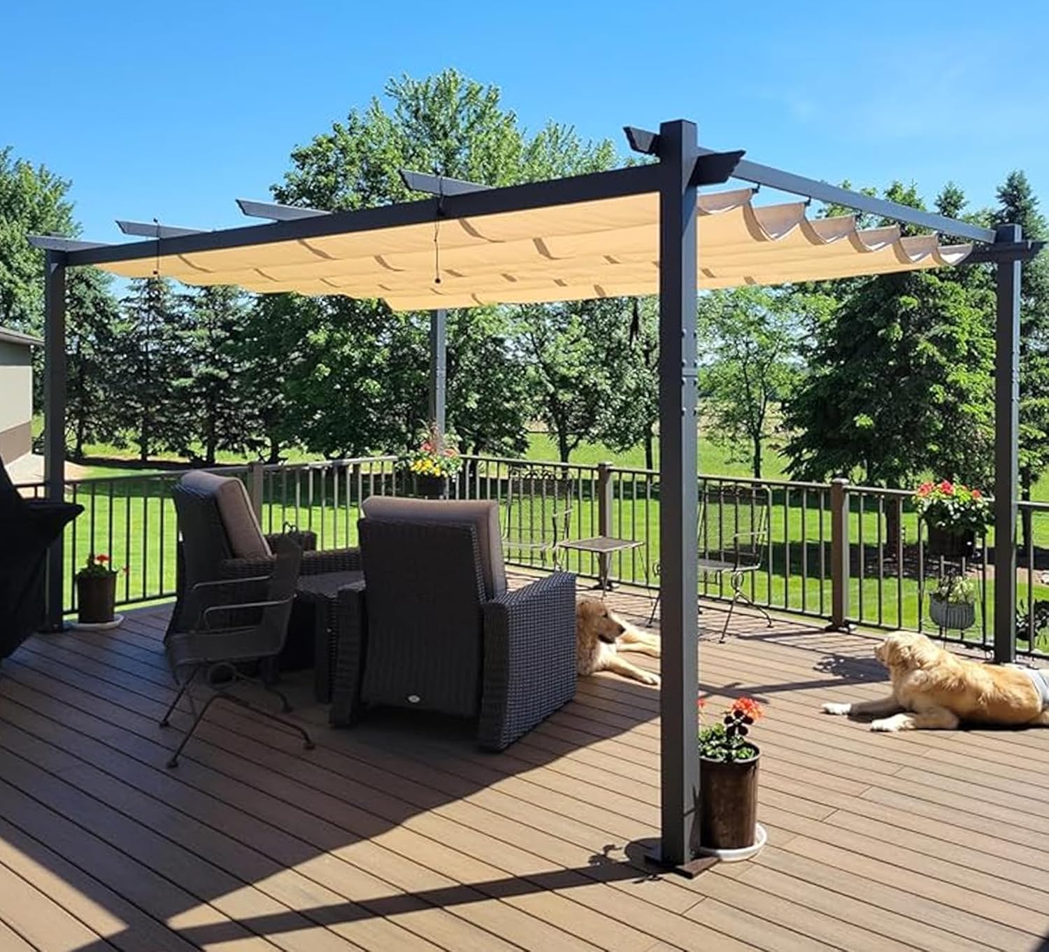 Pergola Aluminium 4,8 x 3,5 m Tissu Teint en Fil, Pergolas pour Terrasse Extérieur, Pergola Jardin Extérieur Toit Coulissante, Pavillon de Jardin, Kaki Kaki 4,8 x 3,5 m Standard