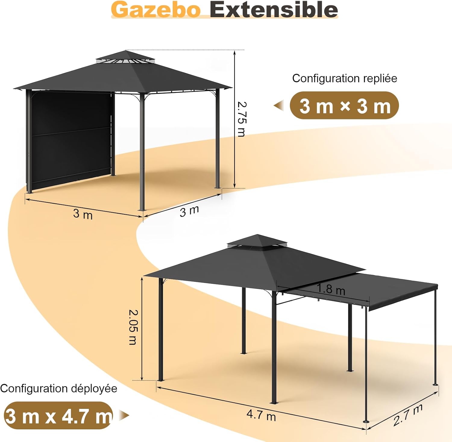 Tonnelle de Jardin Exterieur 3x3 m avec Auvent Latéral, Tonnelle Imperméable Stable, Protection UV 50+, Pergola Jardin Exterieur Extensible à 3x4.7m pour Cour, Terrasse, BBQ Fêtes, Gris Gris 3x3 m