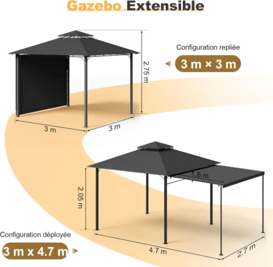 Tonnelle de Jardin Exterieur 3x3 m avec Auvent Latéral, Tonnelle Imperméable Stable, Protection UV 50+, Pergola Jardin Exterieur Extensible à 3x4.7m pour Cour, Terrasse, BBQ Fêtes, Gris Gris 3x3 m