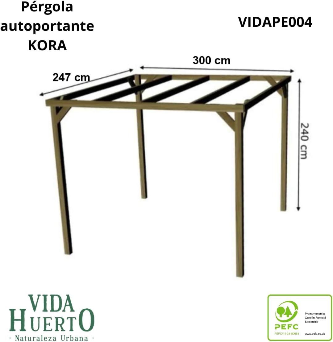 Pergola autoportante en bois gamme Kora de VidaHuerto : élégance naturelle pour votre espace extérieur (bois de pin, 300 x 240 x 240 cm) Bois de pin 300X240X240 CM