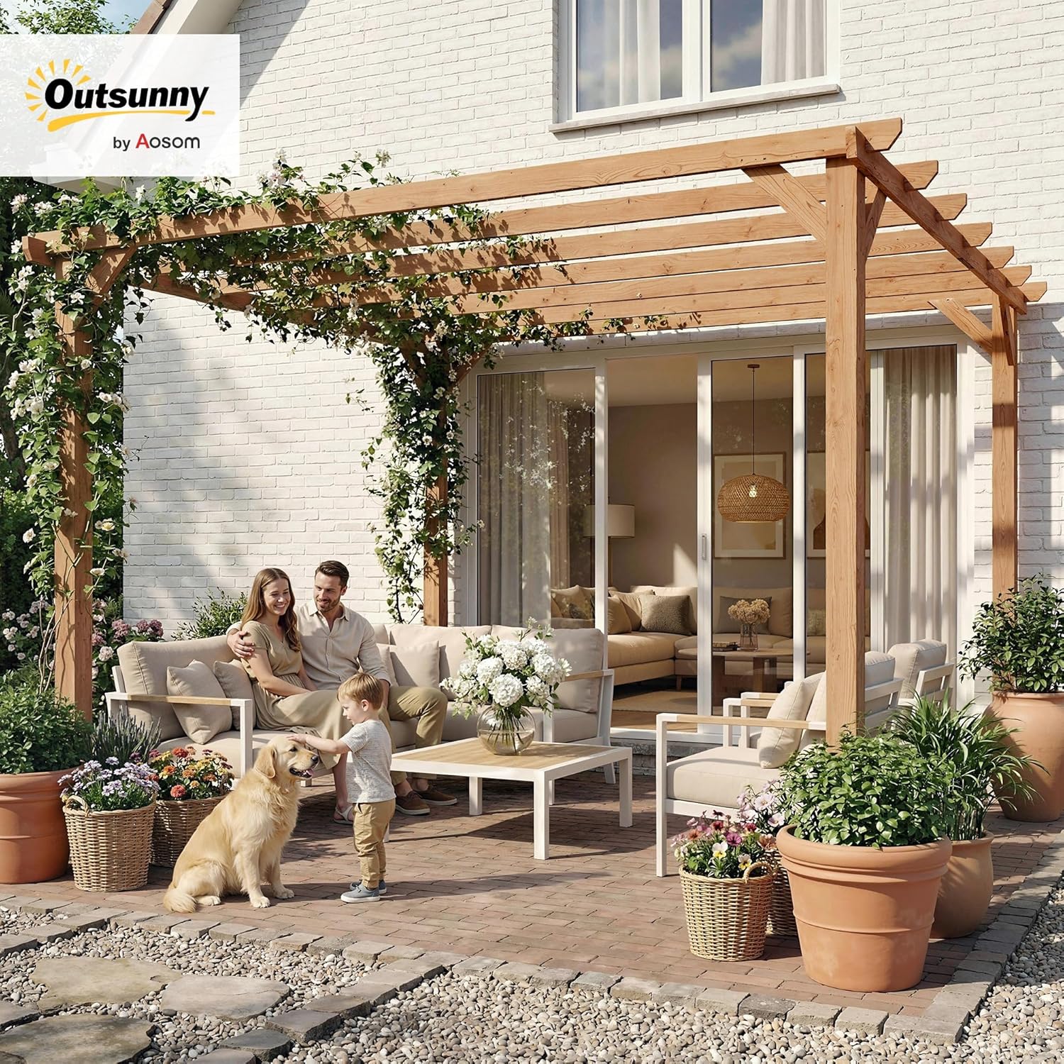 Pergola en Bois Massif de Jardin 3 x 3 m - Structure Robuste avec poteaux 90 mm et 7 poutres - tonnelle extérieur Stable pour vignes et Plantes grimpantes, Effet Bois d'érable