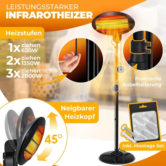 KESSER® Chauffage radiant 2000 Watt ✓ Infrarouge ✓ Chauffage sur pied ✓ Chauffage de terrasse ✓ Terasses ✓ Radiateur ✓ Réglable en hauteur ✓ Radiateur à quartz ✓ Intérieur - extérieur 2000W