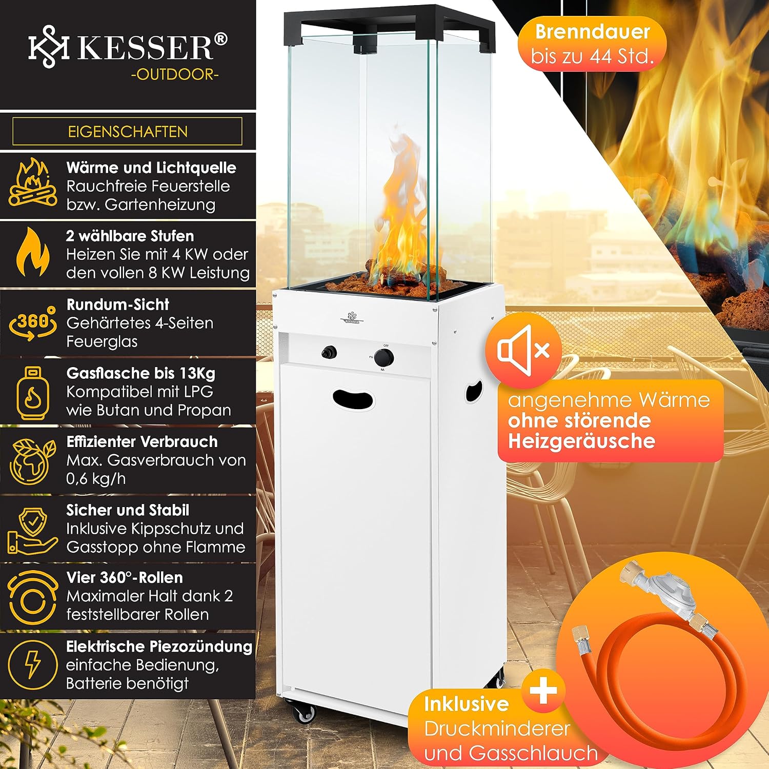 KESSER® Chauffage Radiant à Gaz, Chauffage de Terrasse, Chauffage Radiant à Gaz, Housse de Protection Incluse Chauffage Outdoor, Chauffage à Flamme, avec Roulettes au Sol, Blanc