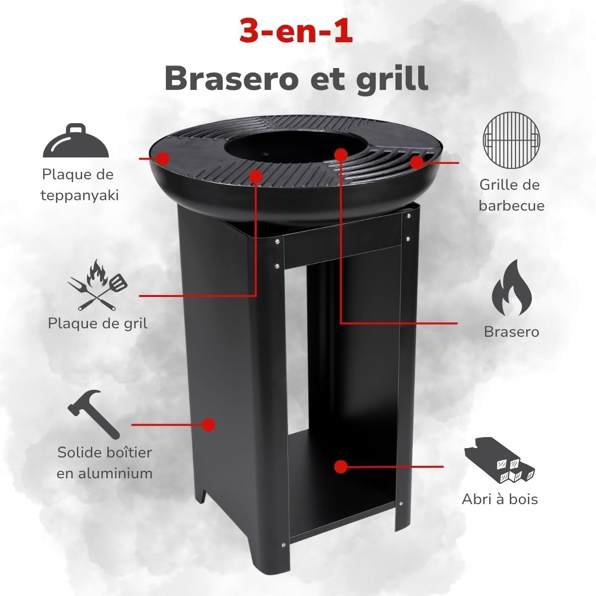 Foyer et Plaque de Cuisson 3 en 1 Alpina - Cheminée de Jardin 61 X 90 cm - avec Plaque Chauffante Teppanyaki - Barbecue à Plancha avec Rangement pour Bois de Chauffage - Foyer Extérieur