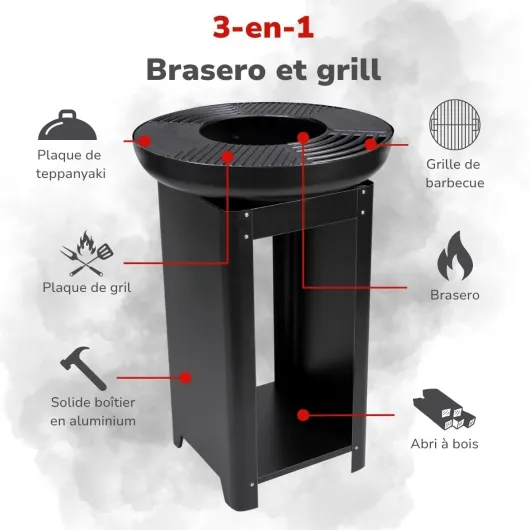 Foyer et Plaque de Cuisson 3 en 1 Alpina - Cheminée de Jardin 61 X 90 cm - avec Plaque Chauffante Teppanyaki - Barbecue à Plancha avec Rangement pour Bois de Chauffage - Foyer Extérieur