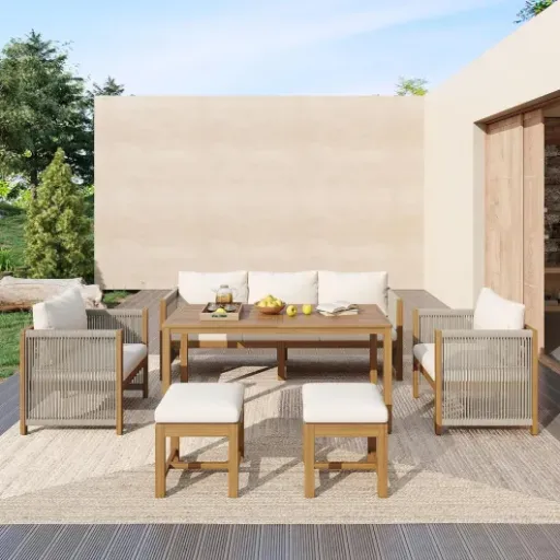 Test Salon De Jardin luckdect 7 pièces : un gros ensemble bois/coussins qui fait le job sur la terrasse