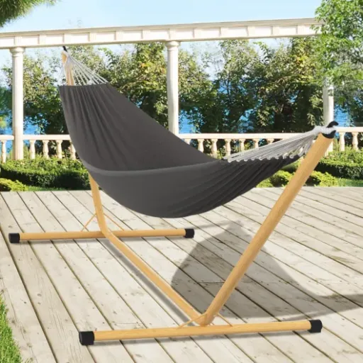 Test IDMarket Hamac avec Support métal effet bois : le hamac « prêt à poser » pour le jardin sans prise de tête