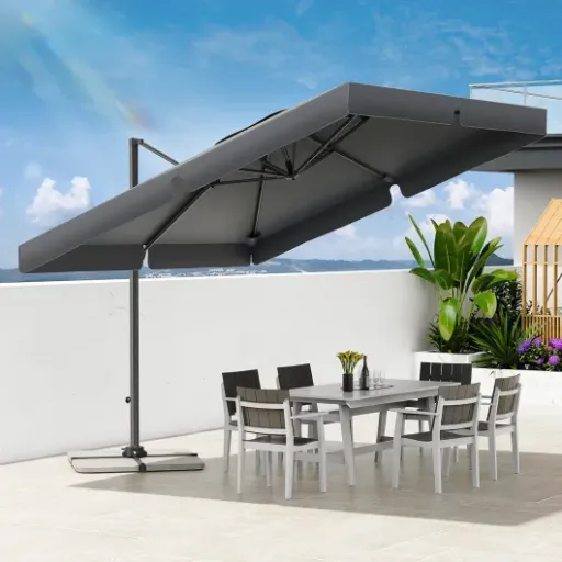 Test YEAUPE PRO Parasol Déporté Carré : un gros coin d’ombre sans trouer la table