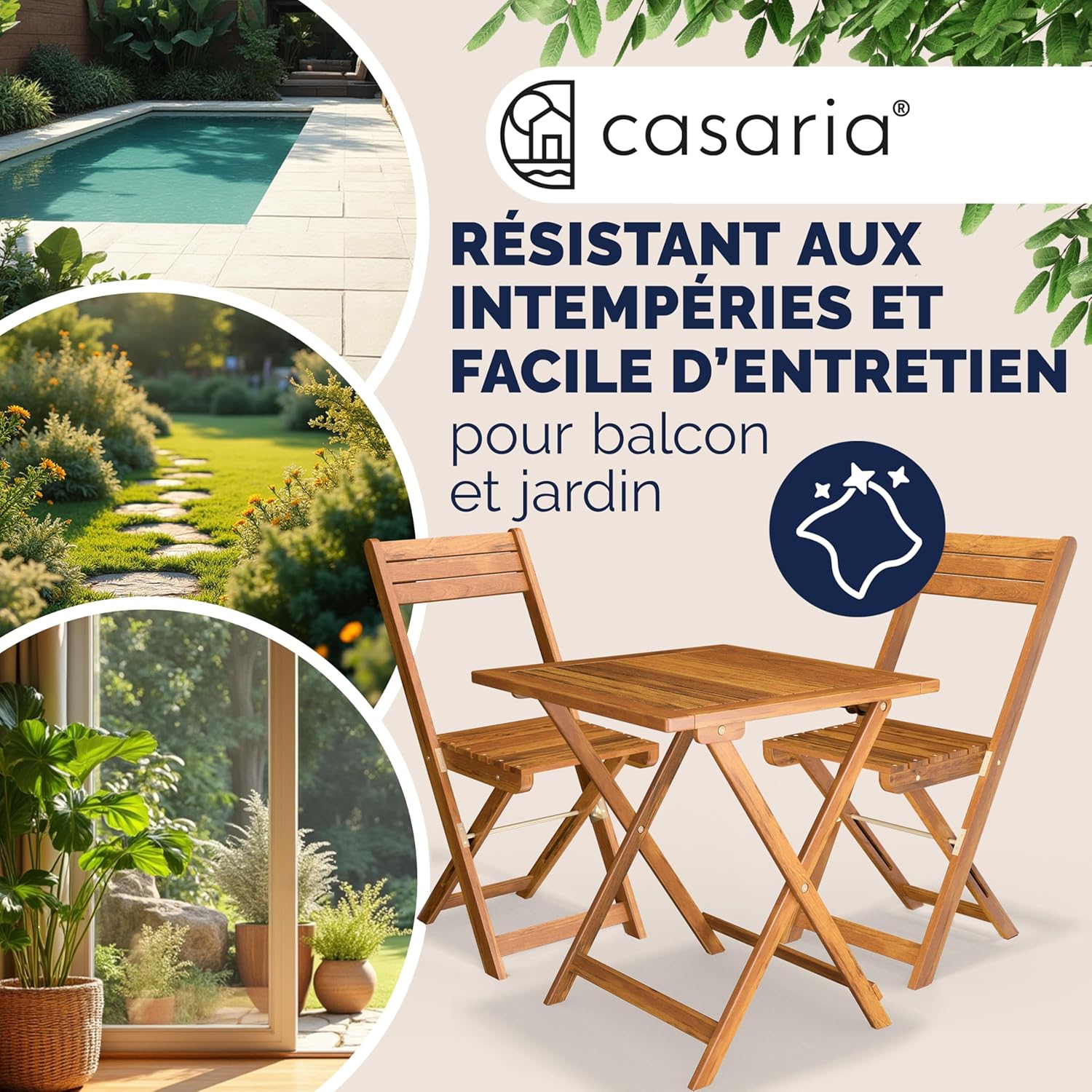 ® Salon De Jardin Exterieur - Petit Salon De Jardin Pliable en Bois D'acacia, 1 Table, 2 Chaises, Résistant Aux Intempéries, Intérieur Extérieur, Design Intemporel, Montage Rapide Brun