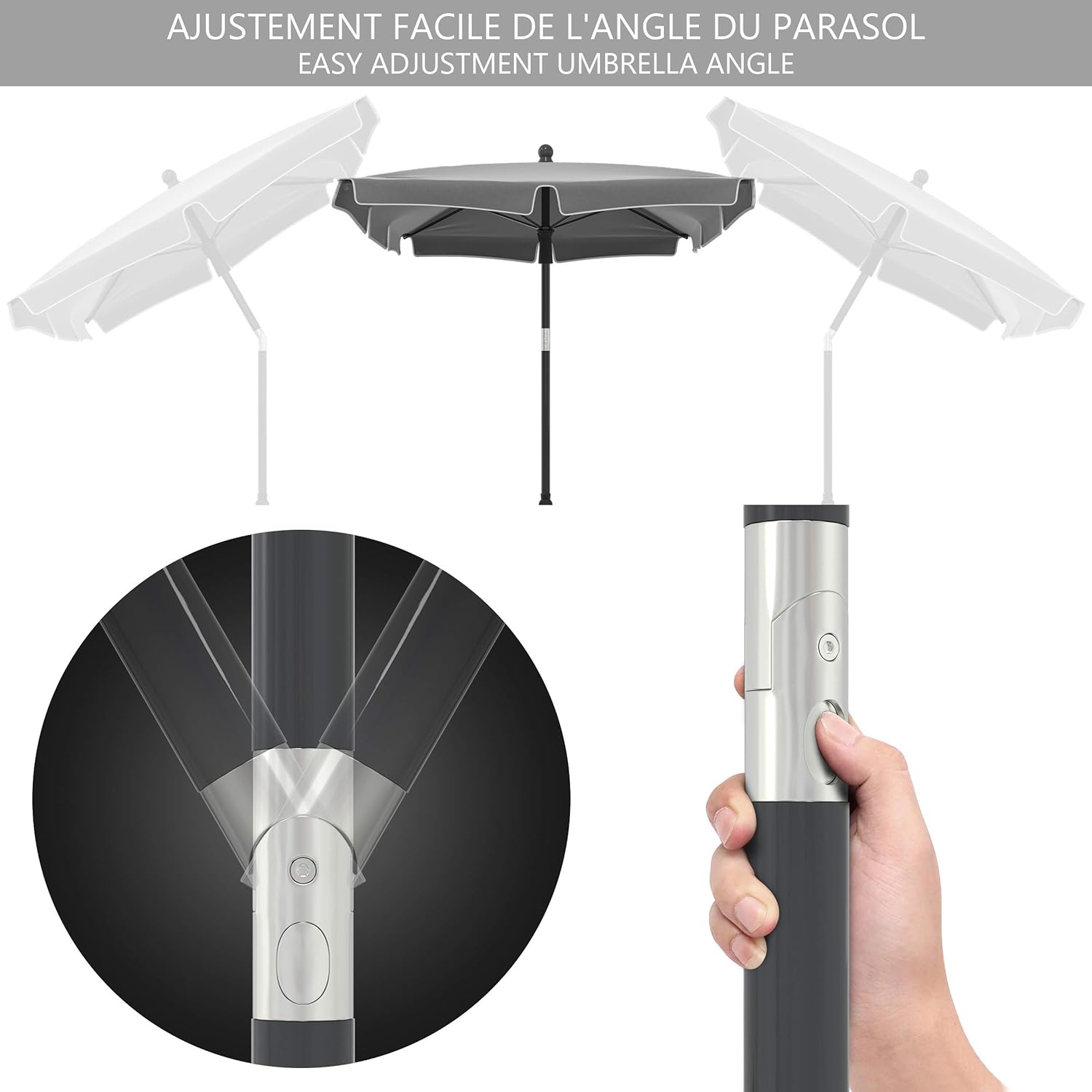 ® Parasol Inclinable Rectangulaire 200x125cm 160gr/m2 avec Protection UV Hauteur 2m35 Toile Polyester Parasol Pliable pour Extérieur Inclus Housse de Protection Gris