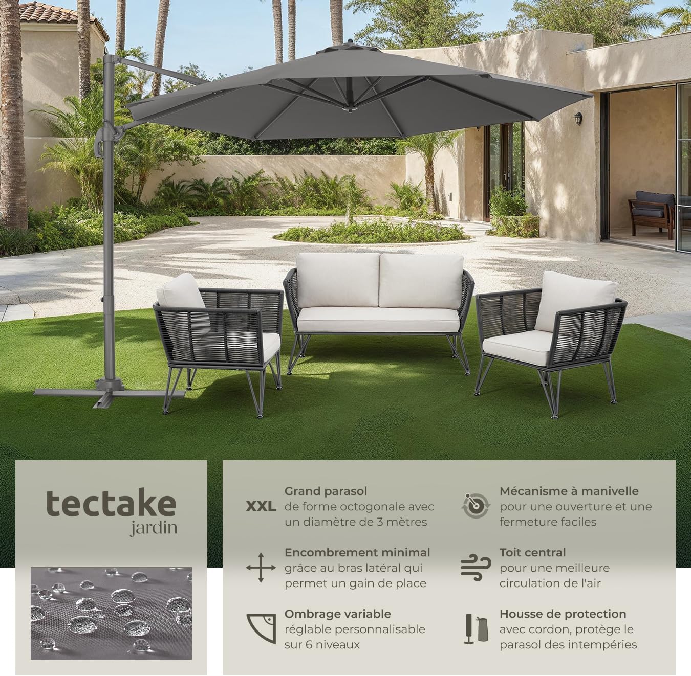 ® Parasol de Jardin Exterieur Parasol Déporté, en Aluminium, Ø 300 cm, Inclinable & Réglable en hauteur, Protection UV 50+, Résistant au vent, Housse de protection incluse, Salon de jardin Gris - no - 403789