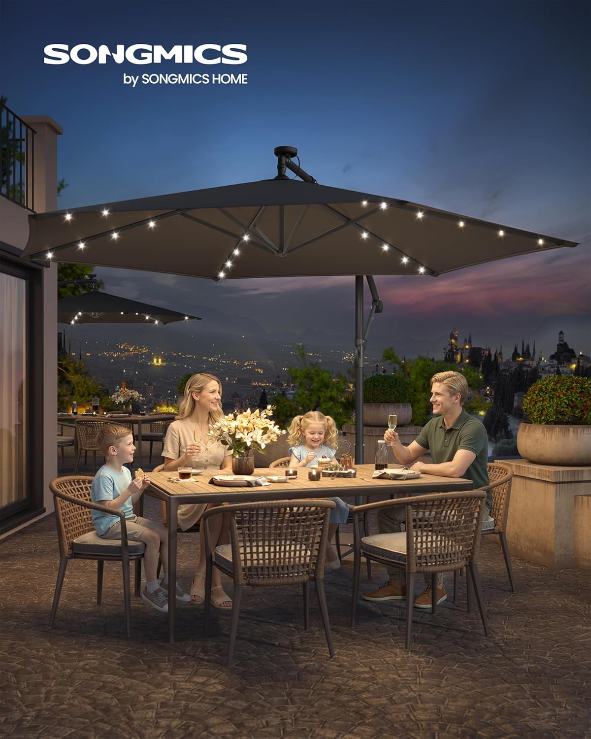Parasol Déporté avec 32 LED, Socle en Croix, Ombrelle, Protection UPF 50+, Manivelle d'Ouverture et de Fermeture, Jardin, Terrasse, Piscine, Plage Gris 300 cm