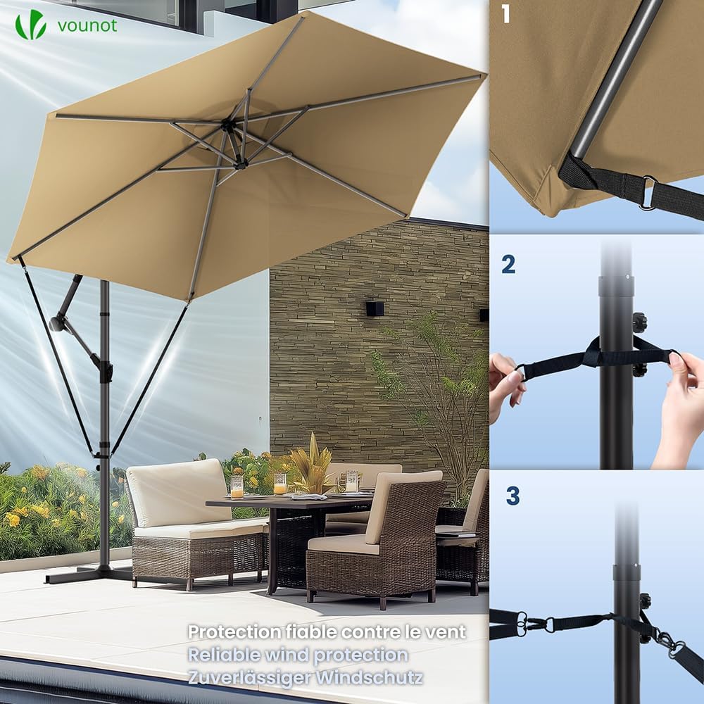 ® Parasol Déporté Hexagonale 3M avec Manivelle Anti-Retour et Sangle de Fixation Parasol Inclinable Toile 180gr/m2 anti UV H235cm 6 Baleines en acier Inclus housse de protection Kaki
