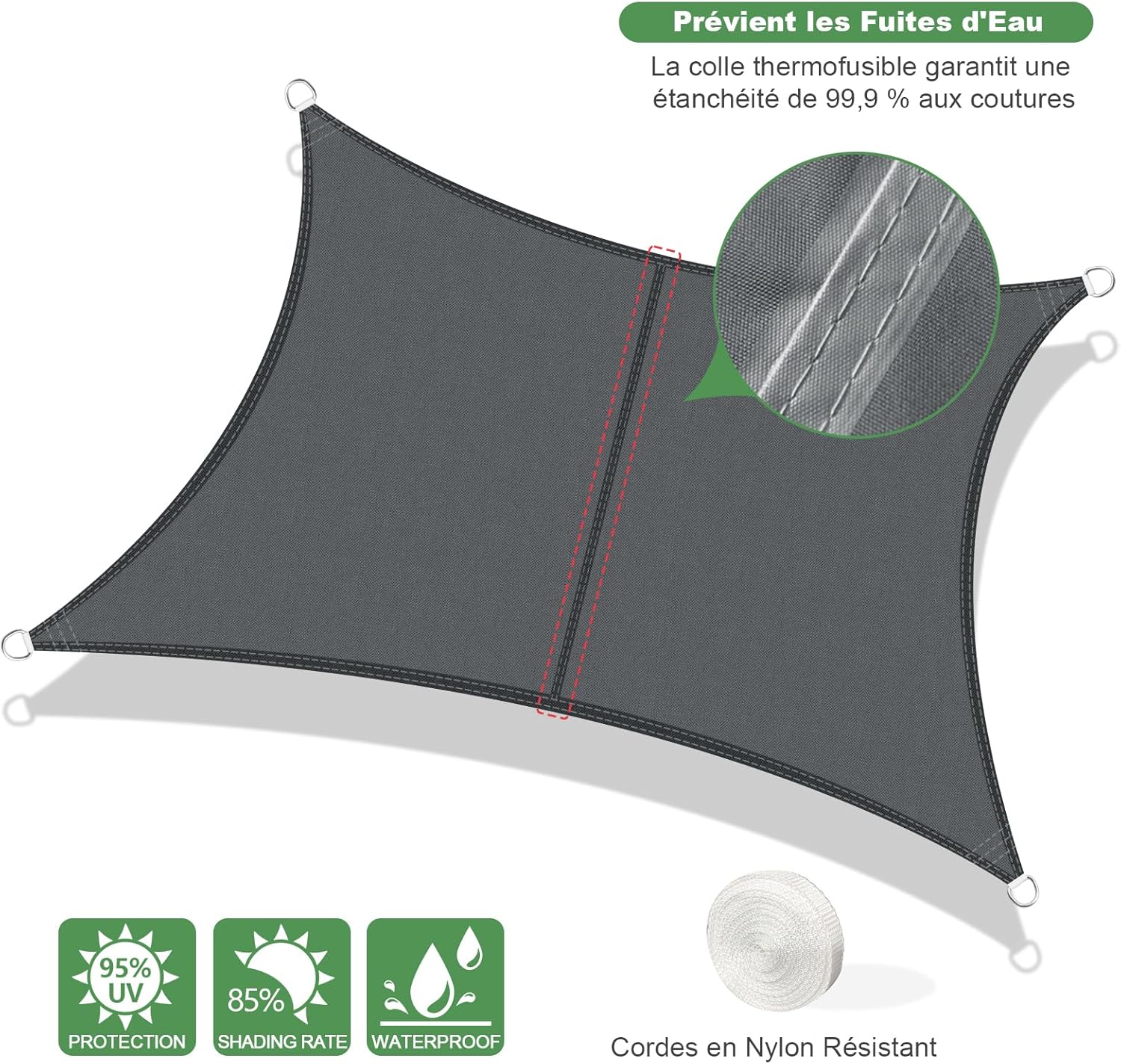 Voile d'ombrage Imperméable Rectangulaire 2,5x3m Toile Ombrage UV Protection pour Terrasse Jardin Extérieur-Gris Anthracite 2,5x3m Gris Anthracite