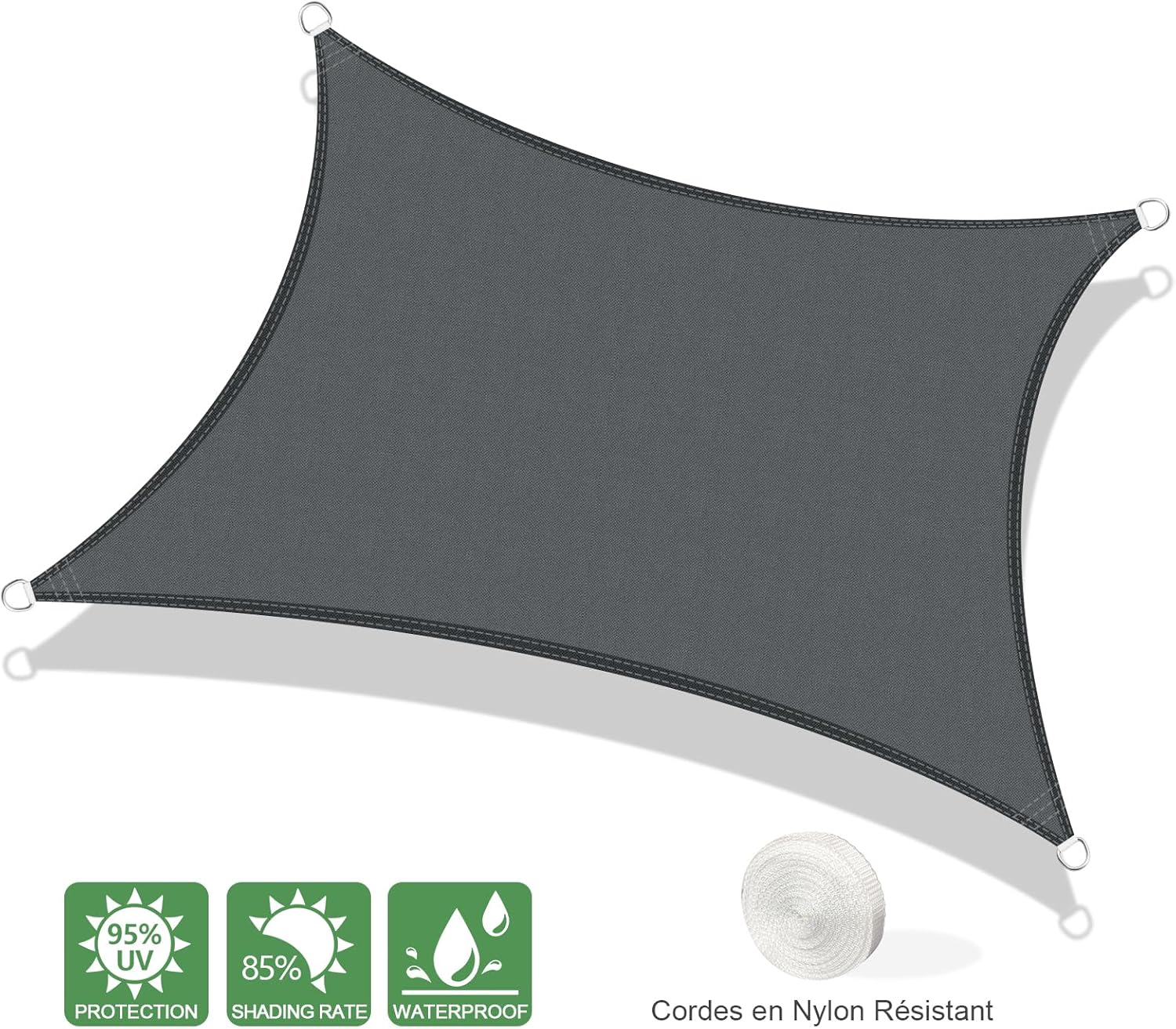 Voile d'ombrage Imperméable Rectangulaire 2x2,5m Toile Ombrage UV Protection pour Terrasse Jardin Extérieur-Gris Anthracite 2x2,5m Gris Anthracite