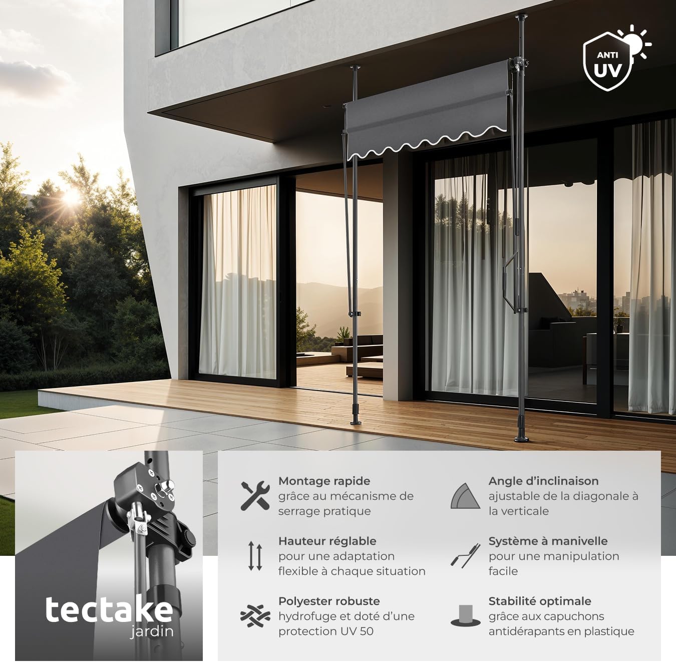 Store banne sans Perçage Auvent Marquise Retractable avec Manivelle Multi-Fonction Store latéral Enroulable Brise Vue Brise Soleil Opaque en Aluminium - Noir/Gris, 150 x 180 cm 150 x 180 cm Noir/Gris