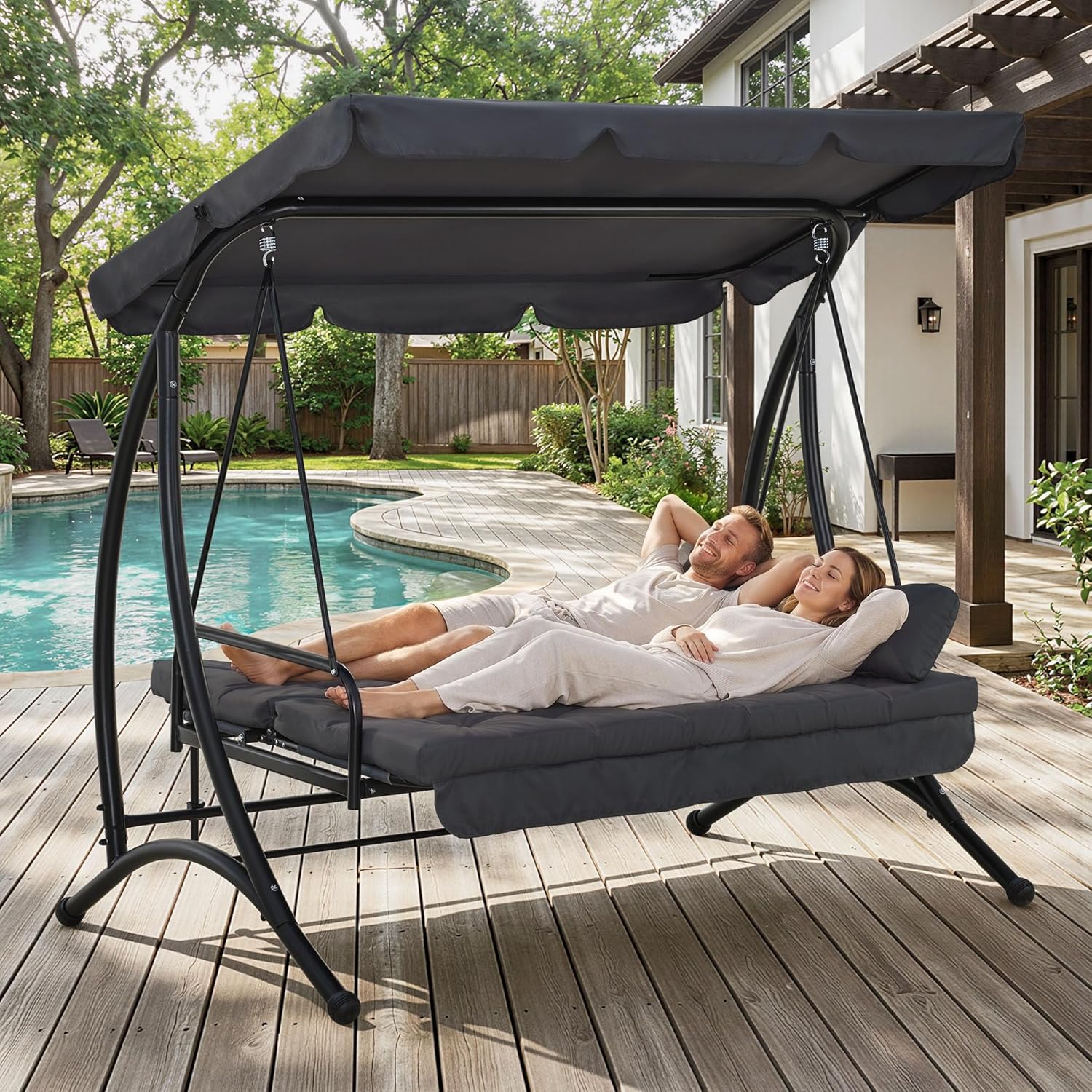 Balancelle Hollywood 3 Places avec Fonction de lit, avec Coussin d'assise Extra épais et Toit Solaire, balançoire de Jardin pouvant Supporter jusqu'à 300 kg, 202x125x173 cm 4095 (Gris)