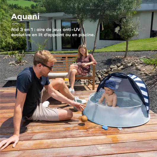 Aquani Provence, 3 en 1 Aire de Jeux, Piscine et Tente Anti-UV FPS 50+ pour bébé, Moustiquaire et Auvent rabattables, Matelas d'éveil & Jouets Inclus, Dès la naissance Marinière