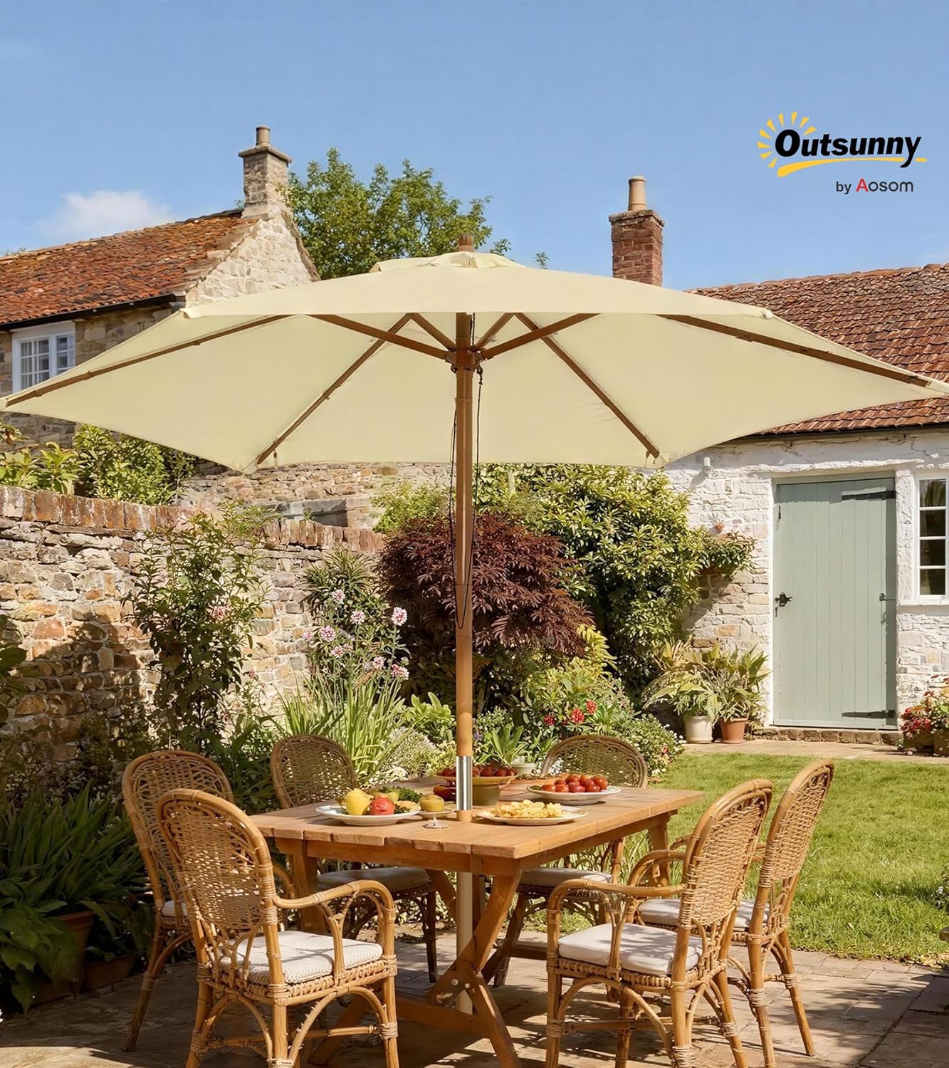 Parasol de jardin extérieur parasol droit double toit Hexagonal Grande Taille de Jardin Ø 2,5 x 2,3H m Bois de Bambou crème