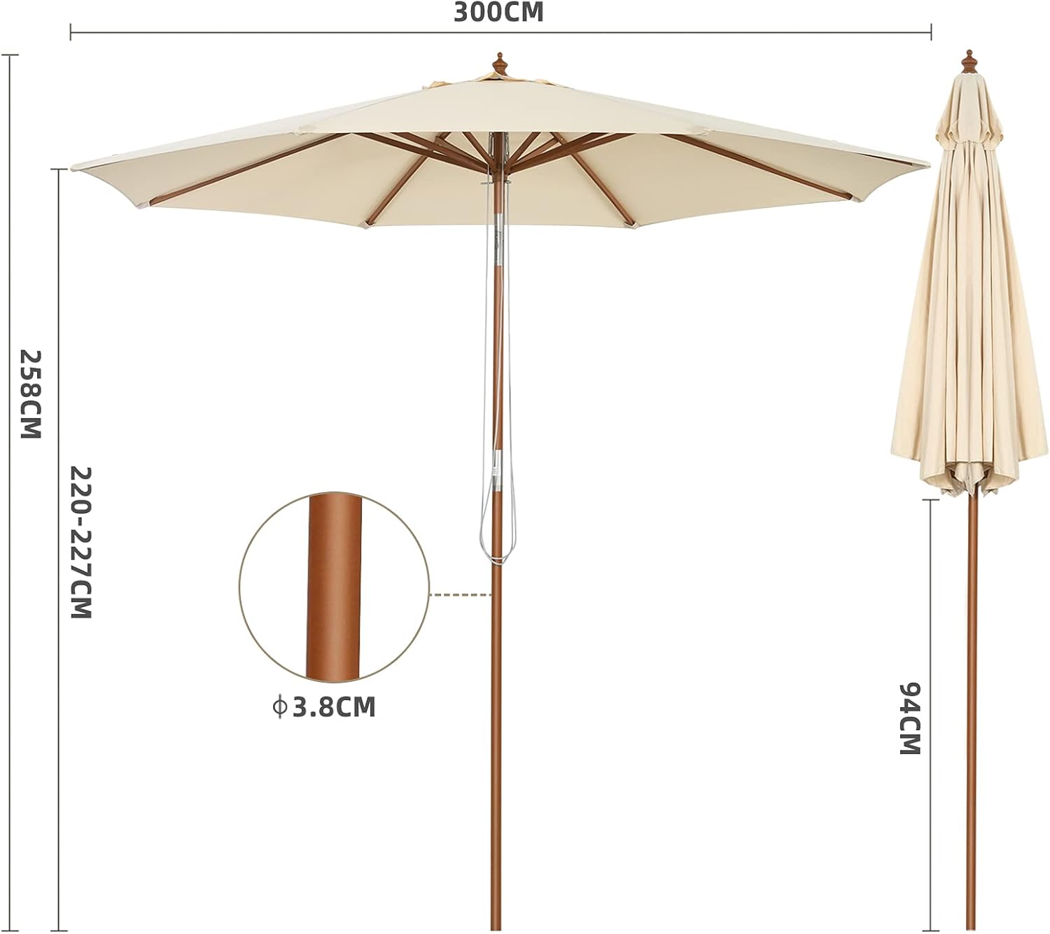 Parasol de Jardin Exterieur 3M, Parasol Inclinable à Corde en Bois avec 8 Baleines en Bambou, Levage par Poulie, Protection Solaire, pour Piscine, Cour, Base Non Incluse 300x258cm Beige