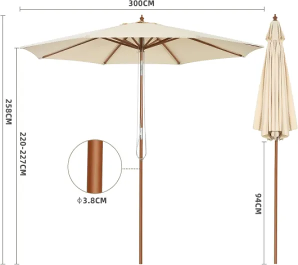 Parasol de Jardin Exterieur 3M, Parasol Inclinable à Corde en Bois avec 8 Baleines en Bambou, Levage par Poulie, Protection Solaire, pour Piscine, Cour, Base Non Incluse 300x258cm Beige