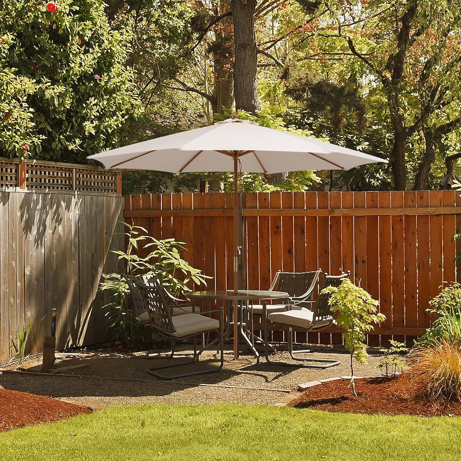 Parasol de Jardin Exterieur, 3 Hauteurs Réglables, Parasol Balcon Extérieur, 8 Baleines en Bambou, Toit Ventilé Imperméable, Cordon de Serrage, pour Jardin, Cour, Piscine Beige Ø270 x H248 cm