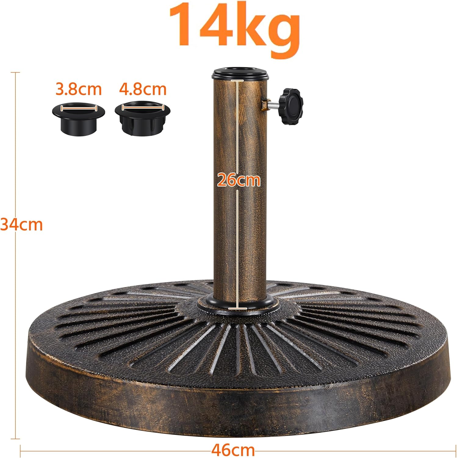 Pied de Parasol 14 kg Lestage pour Parasols en Résine et Fer pour Terrasse, Piscine, Patio, Jardin, Restaurant Bronze Φ46×34 cm