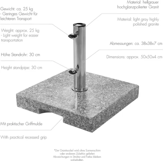 Granit Socle 25 kg - Pied de Parasol de Haute qualité avec Tube en Acier Inoxydable - Carré - 38x38x7cm Socle granit 25kg