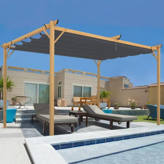 Pergola Toit rétractable 4 Pieds 3x4 M tonnelle Effet Bois Toile Gris Anthracite