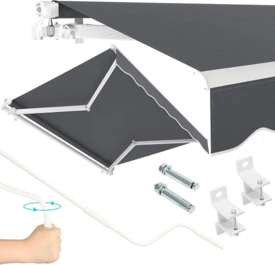 Store Banne Manuel Rétractable 300 x 250 CM en Aluminium Polyester Étanche et Résistant aux UV Angle Réglable 0-45° pour Terrasse Bistro Balcon Gris 300 x 250 cm Gris