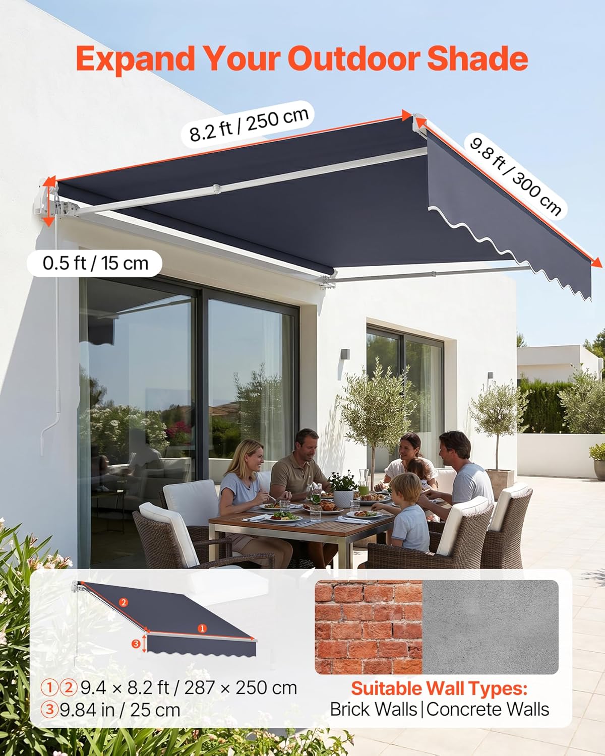 Store Banne Manuel 300x250 cm Auvent Rétractable pour Terrasse et Balcon, Extérieur, Devantures de Cafés, de Restaurants, de Boutiques, avec Manivelle, Angle d'Inclinaison 45°-85°, Gris Foncé