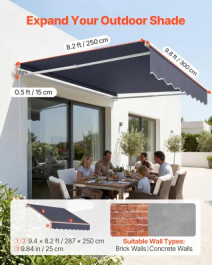 Store Banne Manuel 300x250 cm Auvent Rétractable pour Terrasse et Balcon, Extérieur, Devantures de Cafés, de Restaurants, de Boutiques, avec Manivelle, Angle d'Inclinaison 45°-85°, Gris Foncé