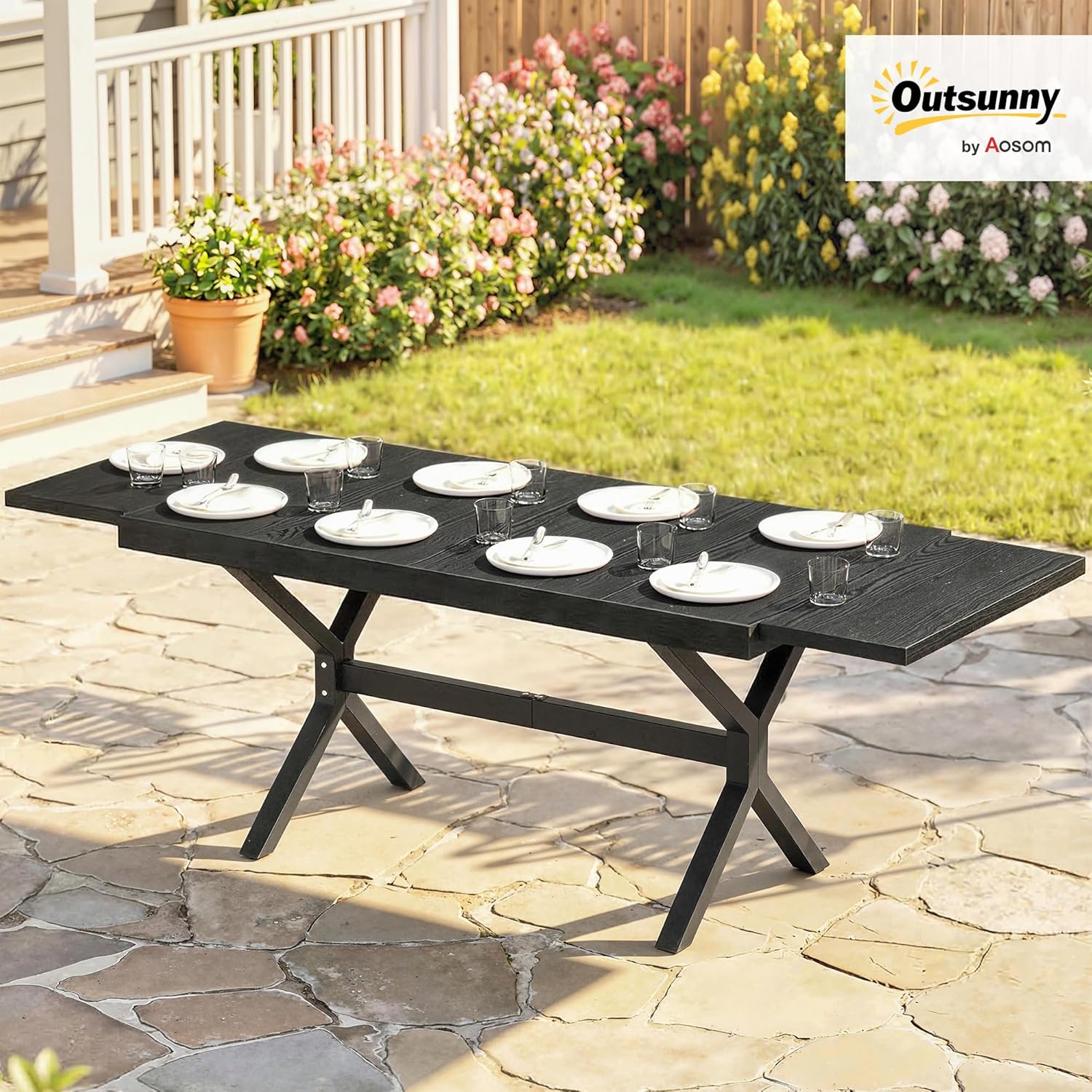 Table de Jardin Extensible Aluminium Effet Bois 154-214 cm Table de Repas Extérieure pour 8-10 Personnes avec Pieds Réglables et Structure en X Robuste pour Jardin et Terrasse Gris Anthracite
