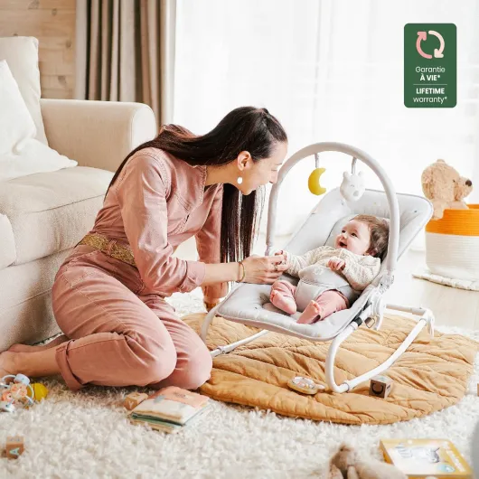 Transat Bébé Pliable Lichen - Dossier Molletonné Ajustable - Fixe ou en Balancelle - Harnais sécurité 3 points - Arche de Jeu Amovible - Déhoussable - Garantie à vie Vert