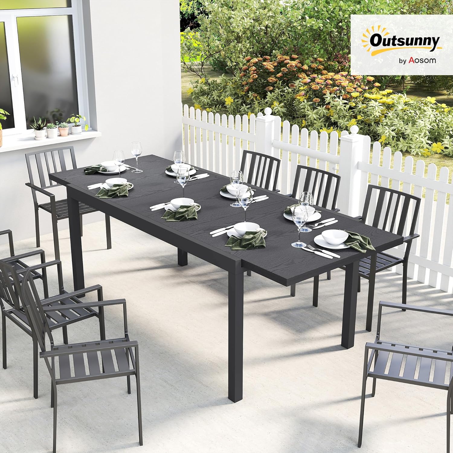 Table de Jardin Extensible 154-214 cm Plateau Aluminium Effet Bois - Table à Manger Extérieur Robuste avec Pieds Réglables - Mobilier de Terrasse 8-10 Personnes, Gris Anthracite