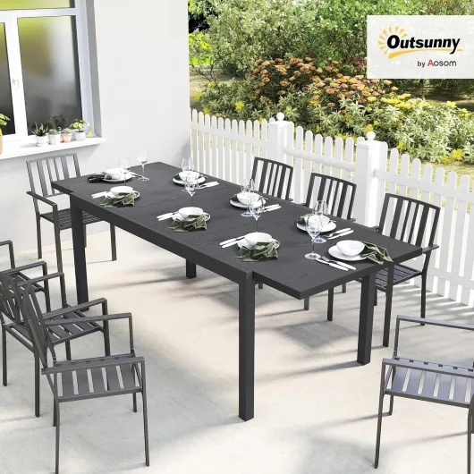 Table de Jardin Extensible 154-214 cm Plateau Aluminium Effet Bois - Table à Manger Extérieur Robuste avec Pieds Réglables - Mobilier de Terrasse 8-10 Personnes, Gris Anthracite