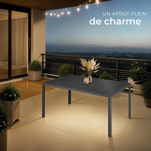 ® Table à Manger Extérieur & Intérieur en Aluminium & Aspect Bois 150 x 90 x 74,5 cm Résistante aux intempéries, Réglable en Hauteur, Salon de Jardin Exterieur Mobilier de Jardin Noir/Noir