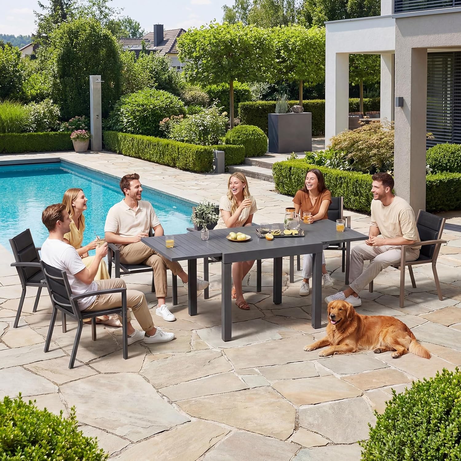 JUMMICO Table de Jardin Extensible 163x80cm pour 6-10 Personnes - Aluminium Antirouille, Imputrescible et Facile à Nettoyer - Design à Rallonge Compact Résistant aux Intempéries Gris Foncé 163 cm
