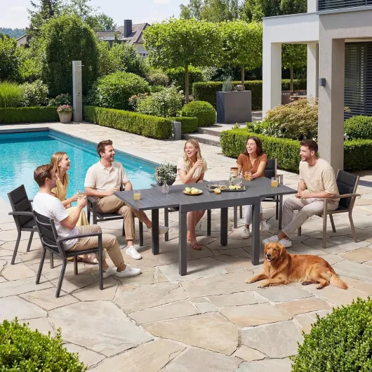 JUMMICO Table de Jardin Extensible 163x80cm pour 6-10 Personnes - Aluminium Antirouille, Imputrescible et Facile à Nettoyer - Design à Rallonge Compact Résistant aux Intempéries Gris Foncé 163 cm