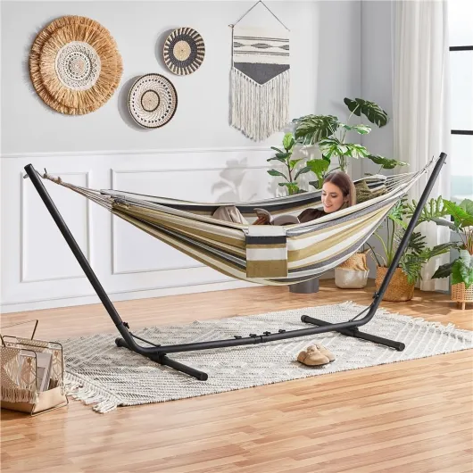 Hamac sur Pied avec Support Charge 205 kg, Longeur Réglable 294/304/314cm pour 1-2 Personnes, Hamac avec Sac de Transport Facile à Monter pour Jardin, Camping, Voyage, Balcon, Cour Rayures Désert