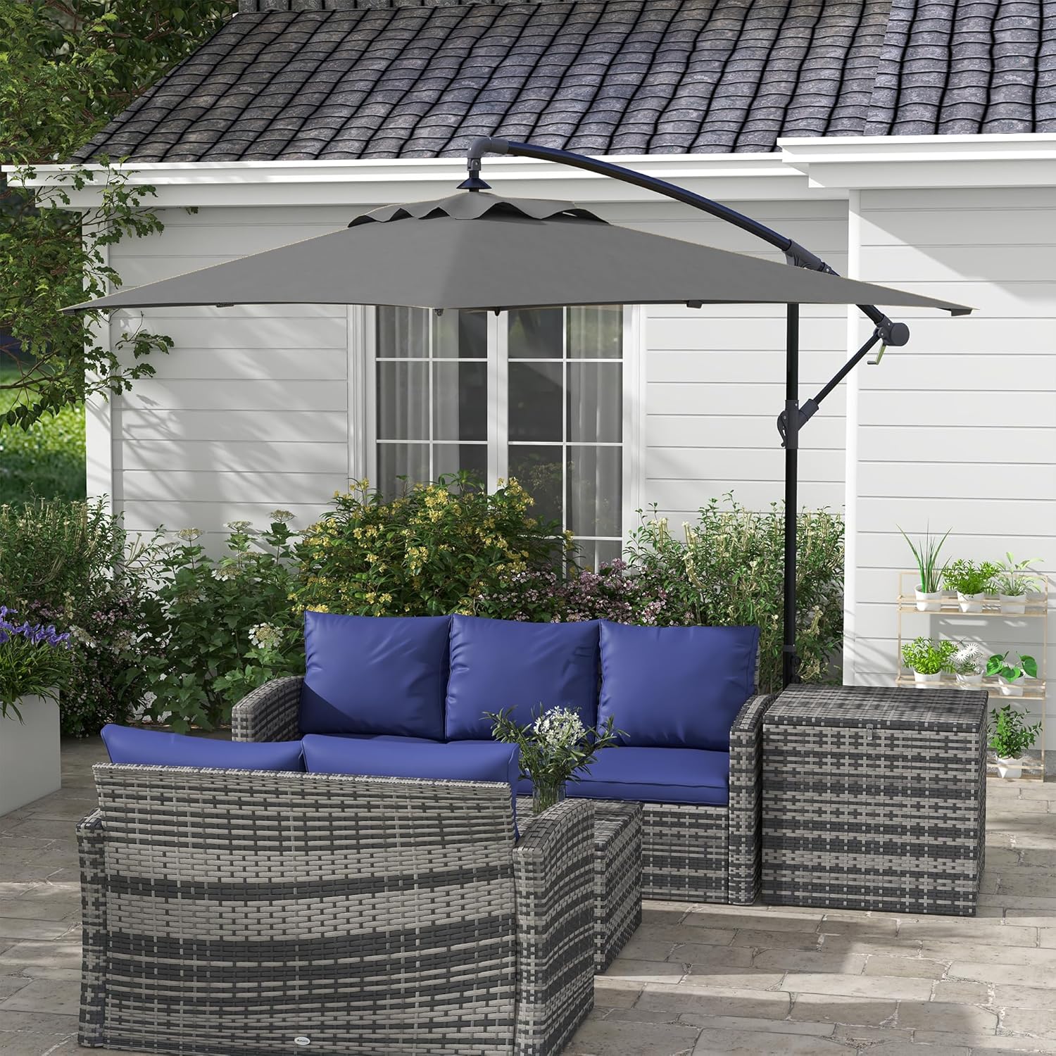 Parasol déporté 3 x 2 m parasol rectangulaire extérieur avec manivelle et 6 baleines acier protection UV Gris